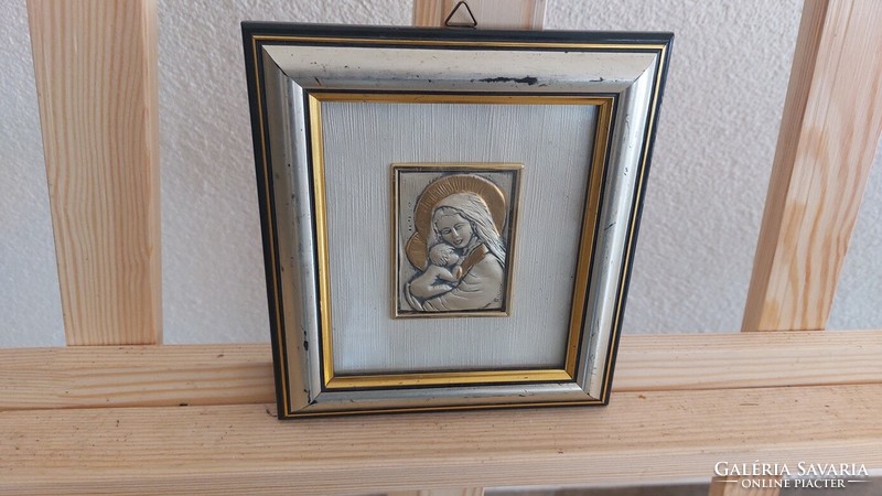 (K) Mary and baby Jesus silver picture, relief 18x16 cm with frame