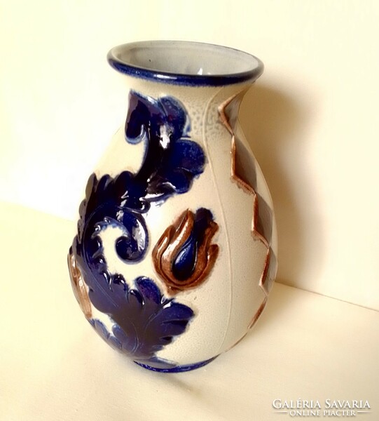 Vintage régi német mázas kézzel festett kerámia keménycserép váza, korsó, jelzett, kobalt kék minta
