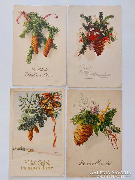 Old Christmas card postcard cone pine branch 4 pcs