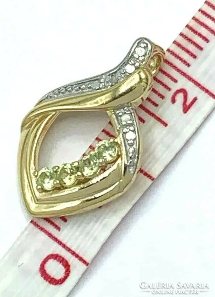 Valódi természetes peridot és gyémánt  drágaköves medál, 14K aranyozott, 925 jelzett