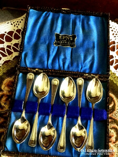 Antique, silver-plated, sheffield, dotted, marked, 6-person teaspoon set, in box