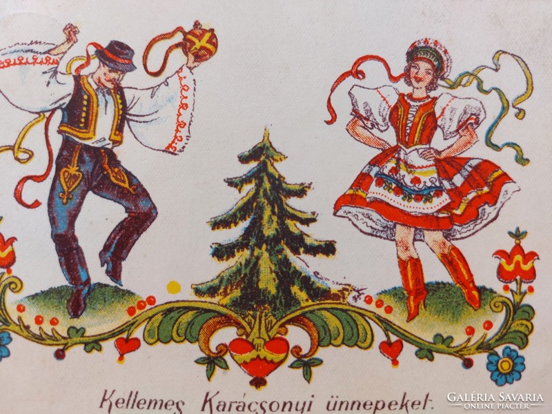 Régi karácsonyi képeslap 1939 népviseletes rajzos magyaros levelezőlap