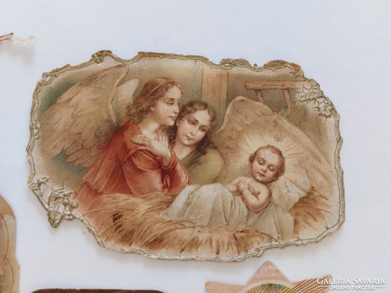 Régi mini szentkép vallási kép Jézuska jászol Szentcsalád karácsony angyalok 4 db