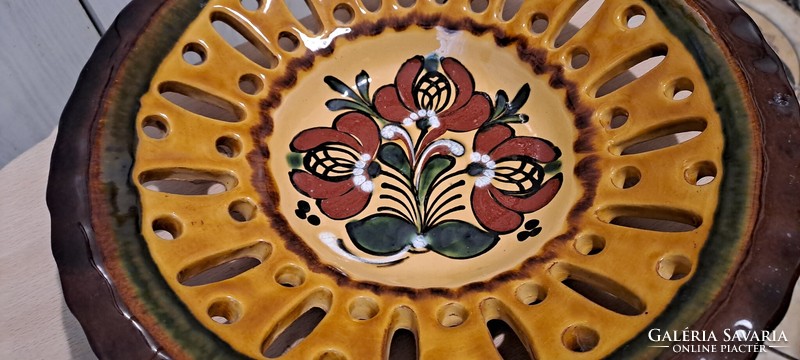 Ceramic, majolica painted deep openwork bowl can be hung on the wall