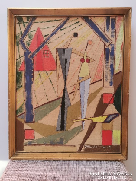 István Farkas (1887 - 1944) - abstract two-figure street scene (two-sided painting!)