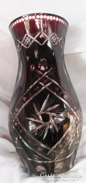 Burgundy crystal glass vase, engraved decorative 26cm high