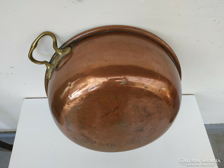 Antique patinated large red copper foam cauldron with brass handles kitchen tool 202 6112