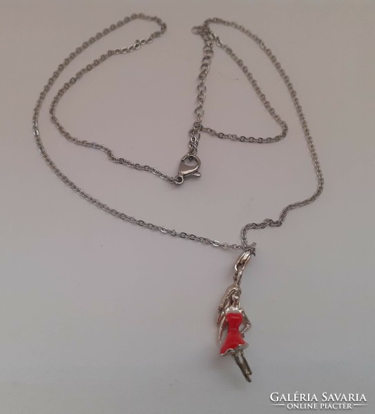 Nice condition silver colored steel necklace with fire enamel hangable female pendant