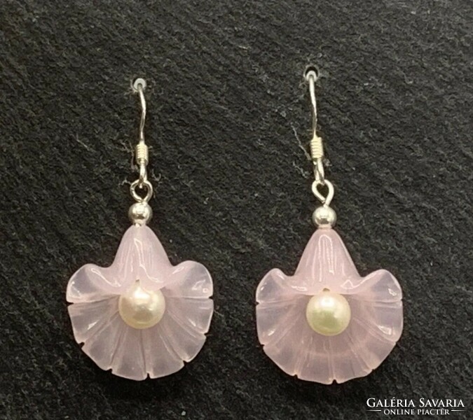 Rose quartz - pearl gemstone sterling silver /925/ earrings - new