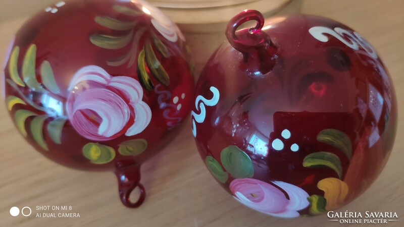 Pair of hand painted blown purple glass spheres with Christmas tree ornament
