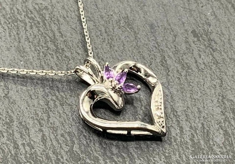 Cute heart pendant natural amethyst and diamond gemstone pendant, 925 hallmarked