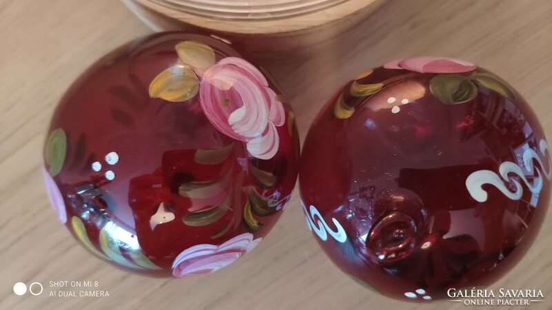 Pair of hand painted blown purple glass spheres with Christmas tree ornament