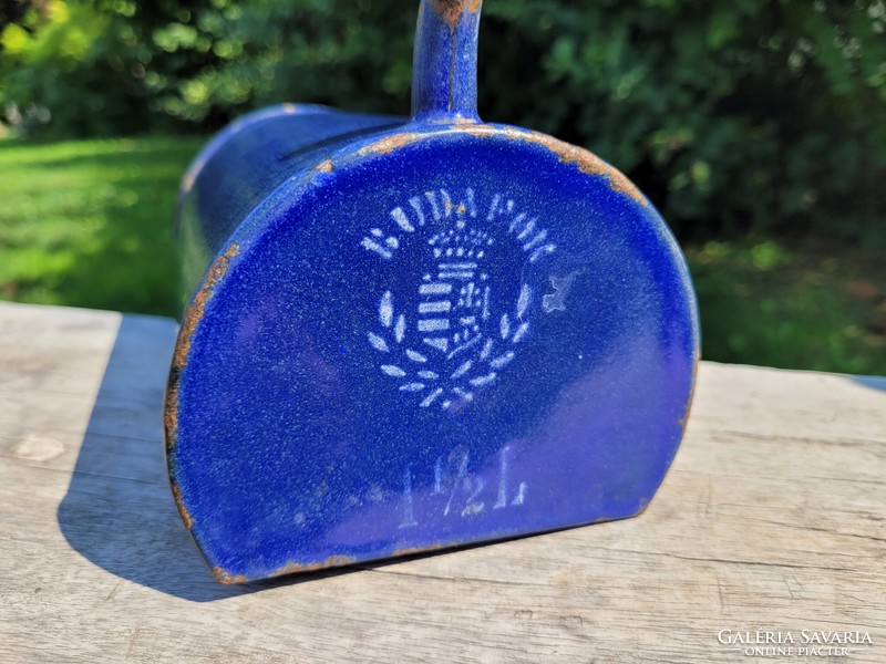 Régi vintage Budafok Koronás cimkés kék zománcozott 1,5 L es fali tartály zománc edény