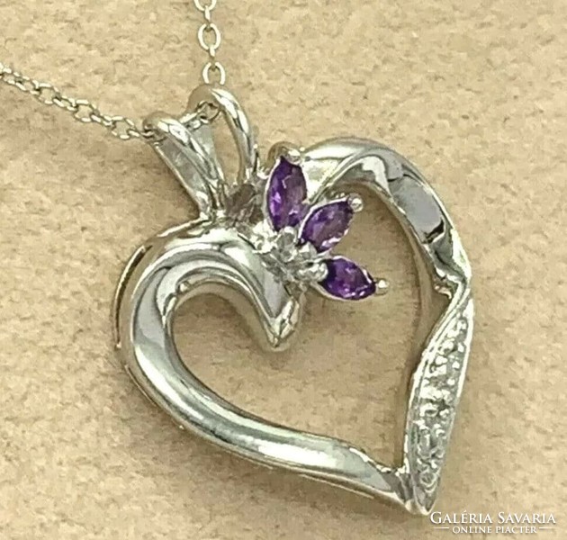Cute heart pendant natural amethyst and diamond gemstone pendant, 925 hallmarked