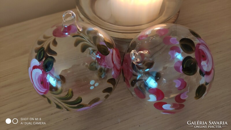 Pair of hand painted blown glass spheres with Christmas tree ornament