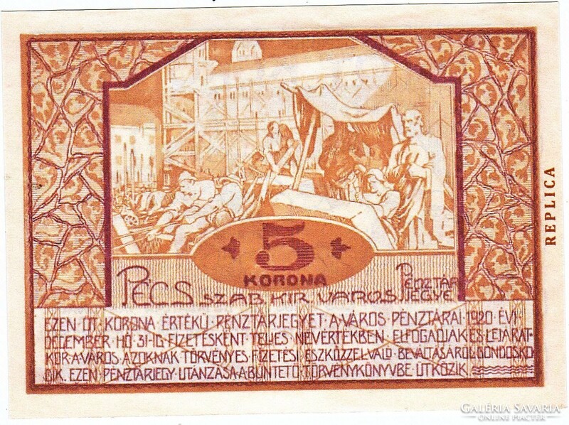 Hungary 5 kroner emergency money Pécs is free. City 1920 replica