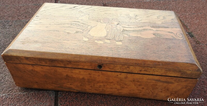 Antik fa intarziás jelenetes biedermeier fadoboz - dísz doboz