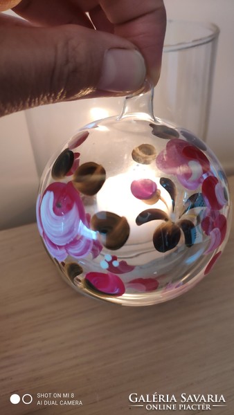 Pair of hand painted blown glass spheres with Christmas tree ornament