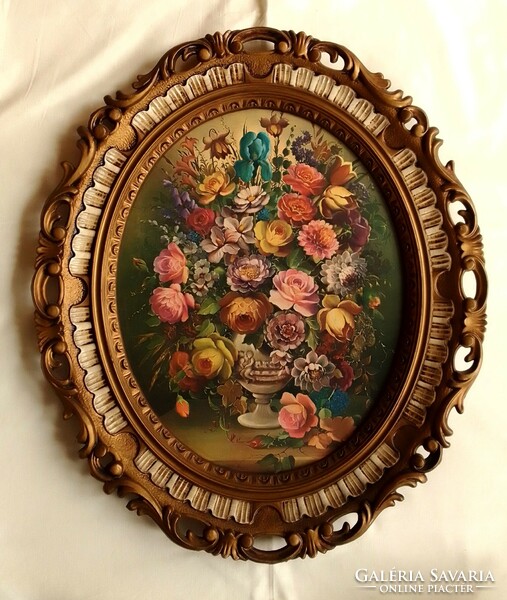Still life, colorful bouquet of flowers in a vase, still life of flowers, old oval canvas print in an ornate frame