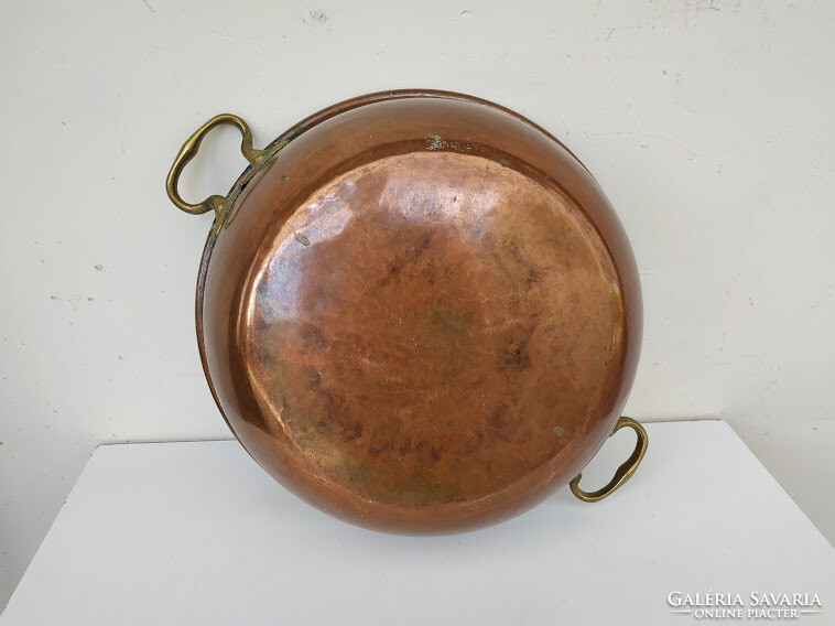 Antique patinated large red copper foam cauldron with brass handles kitchen tool 202 6112