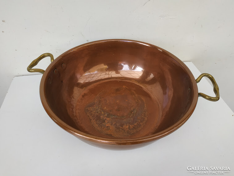 Antique patinated large red copper foam cauldron with brass handles kitchen tool 202 6112