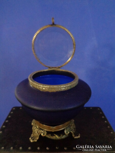 Cobalt blue glass, with decorative copper fittings, polished spy window