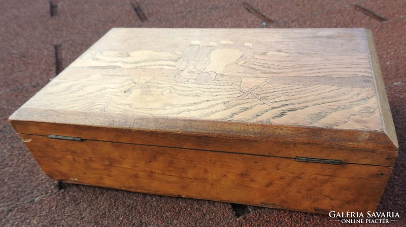Biedermeier wooden box with antique wooden inlay scene - decorative box