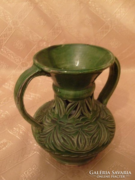 Antik Egyedi zöld majolika mázas áttört díszes két fülű váza