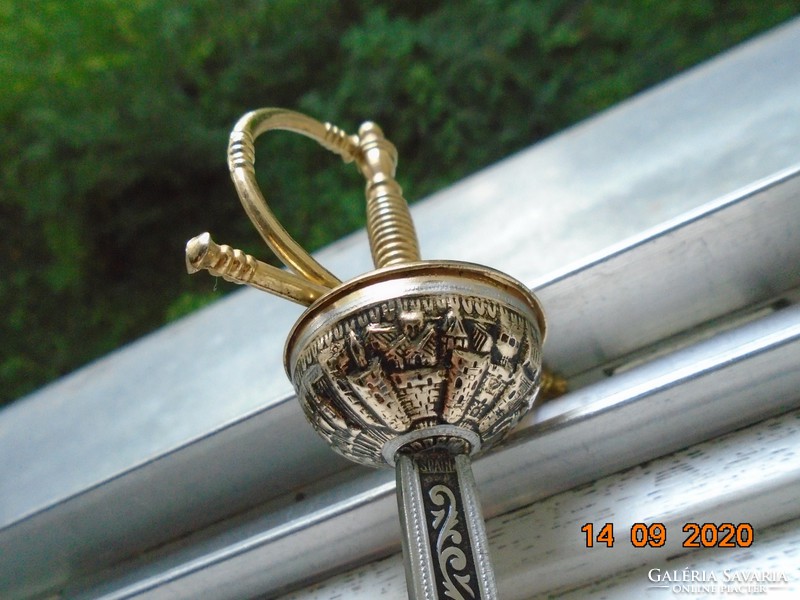Miniature embossed medieval castle with knights in armor Handmade niello sword from Toledo
