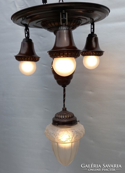 Antique copper chandelier with reading lamp, circa 1930-40