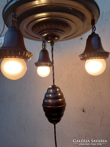 Antique copper chandelier with reading lamp, circa 1930-40