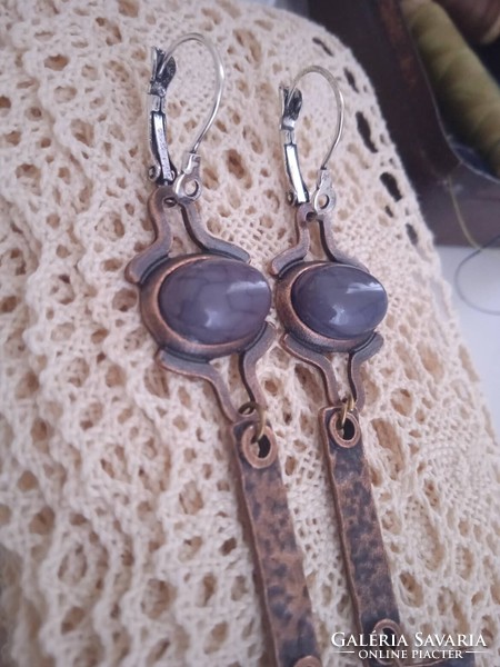 Old copper earrings with gray agate and tekla pearls