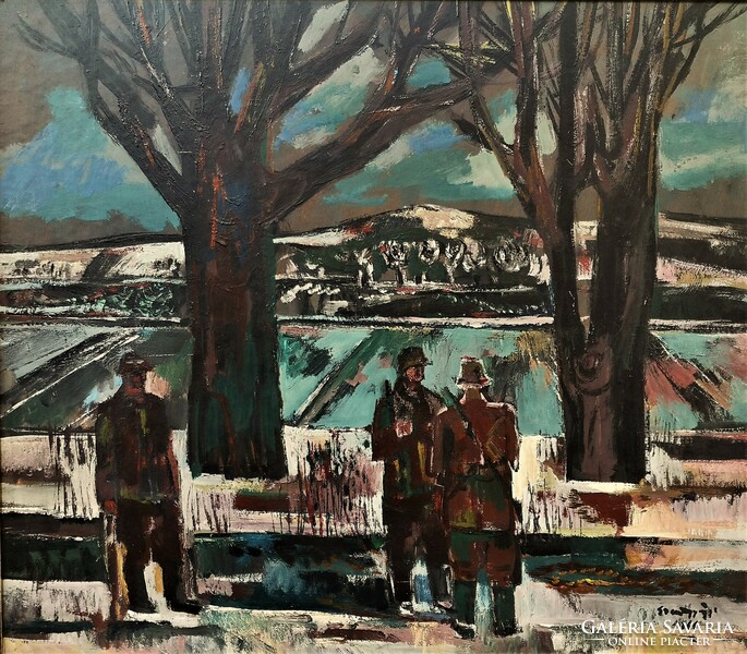 Painting by Kornél Szentgyörgyi (1916 - 2006) Hunters on the Danube Bank 86x76cm with original guarantee!