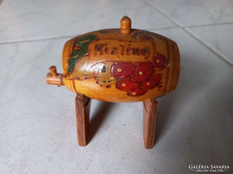 Hand-painted and carved tiny wooden barrel with Riesling inscription