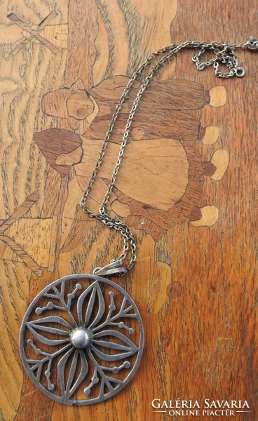 Antique large silver pendant with art deco chain