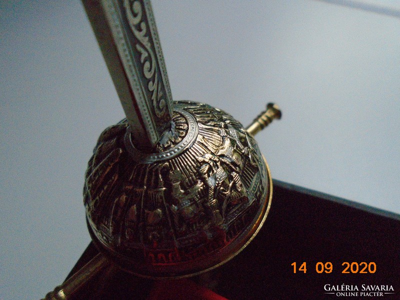 Miniature embossed medieval castle with knights in armor Handmade niello sword from Toledo