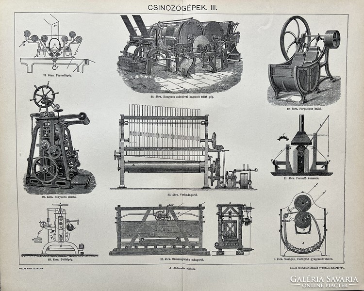 Antik 19.sz csinozógépek III műszaki nyomat-papír- ábra,gépészet, mechanizmus,henger,gőz,Perzselő
