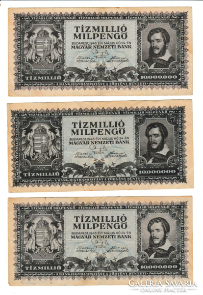 1946 - Ten million milpengő banknote - 3 pcs