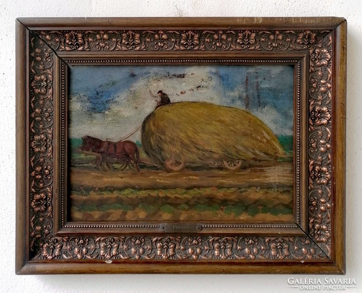 Hay cart. Antique oil painting, marked on a copper plate: c. Ferrand