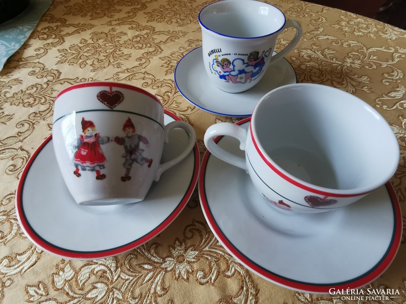 2 porcelain scene coffee cups with coasters