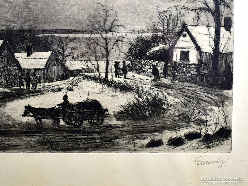 Detail of a busy village by István Élesdy (1912 - 1987).