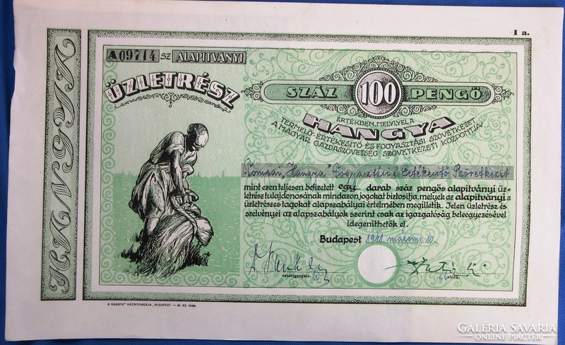Régi értékpapír hangya alapítványi üzletrész 100 pengő, száz pengő ,Budapest 1941