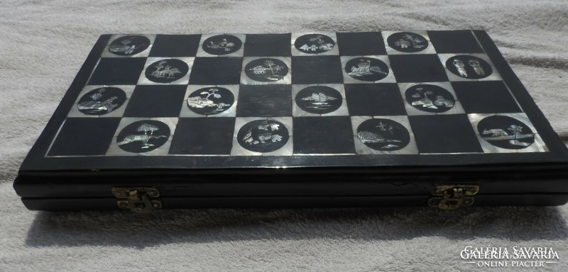 Antique oriental chess set with pearl board with bone-shaped wooden figures