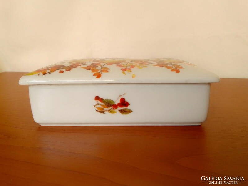 Hollóháza porcelain bonbonier square box with lid jewelry holder quince rosehip, marked
