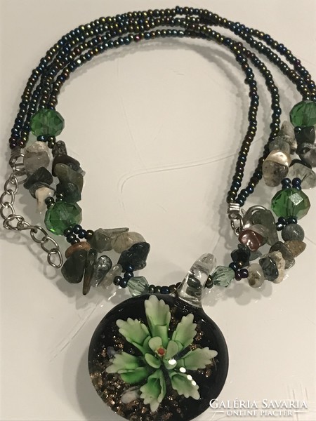 Murano necklace with large flower pendant, semi-precious stones, 48 cm long