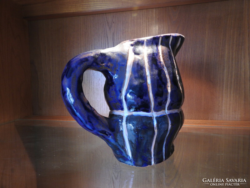 Striped Bluish Purple Striped Jug with Ears - Thick Ceramic