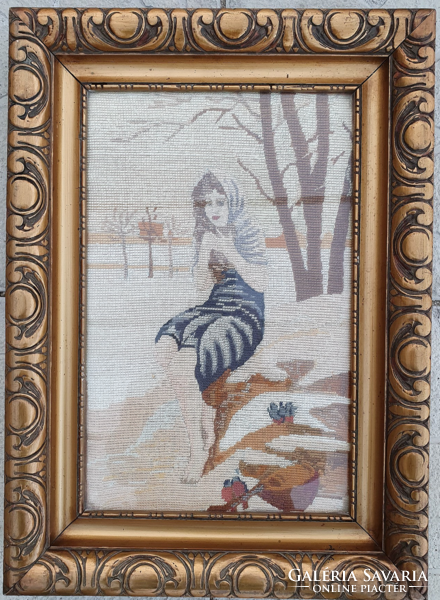 Framed antique tapestry picture