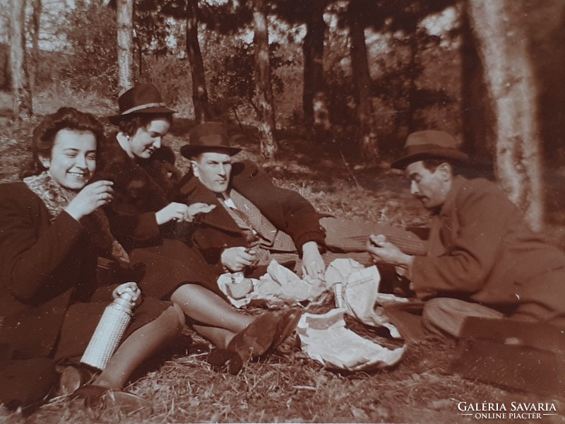 Régi fotó vintage fénykép csoportkép erdei piknik