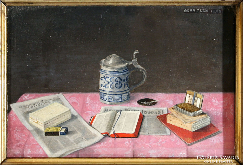Vilmos Gerritsen (1878-1920) table still life 1908. Tin lid beer mug with cup evening newspaper