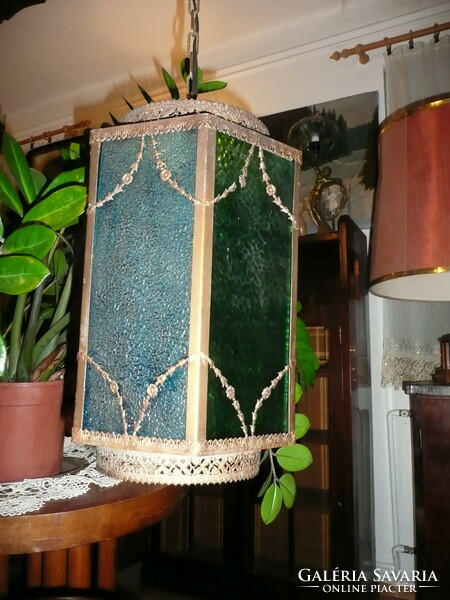Ritka, antik, szecessziós, gyárilag két színű üveges, újra kábelozott csillár / mennyezeti lámpa